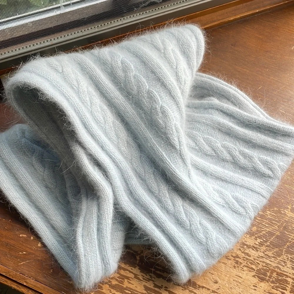 Light Blue Rabbits Fur & Lambswool Knit Braided Scarf